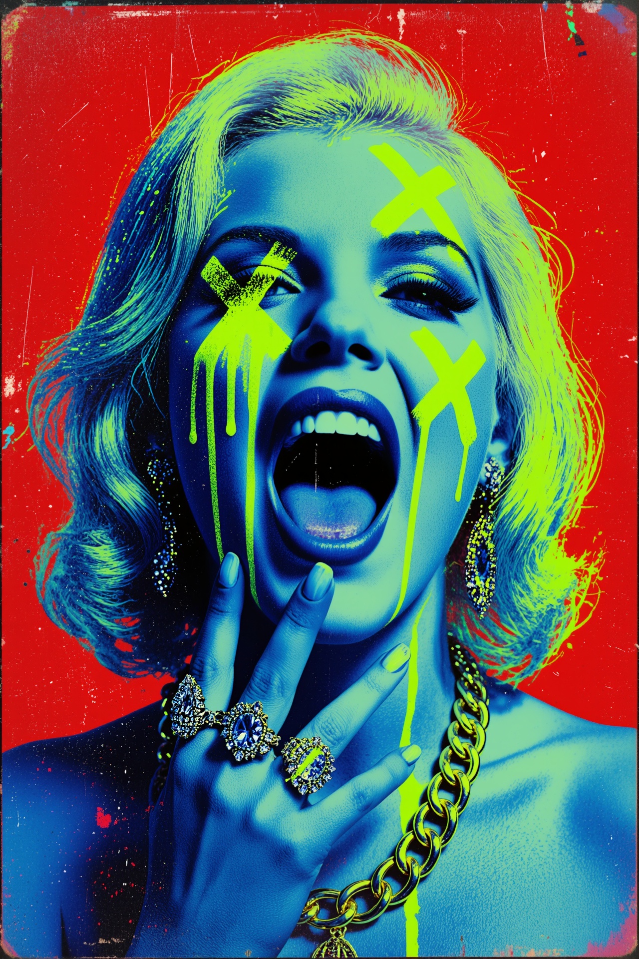 a glamorous platinum blonde woman with vintage old Hollywood finger-wave hair screaming with mouth wide open,  head tilted...