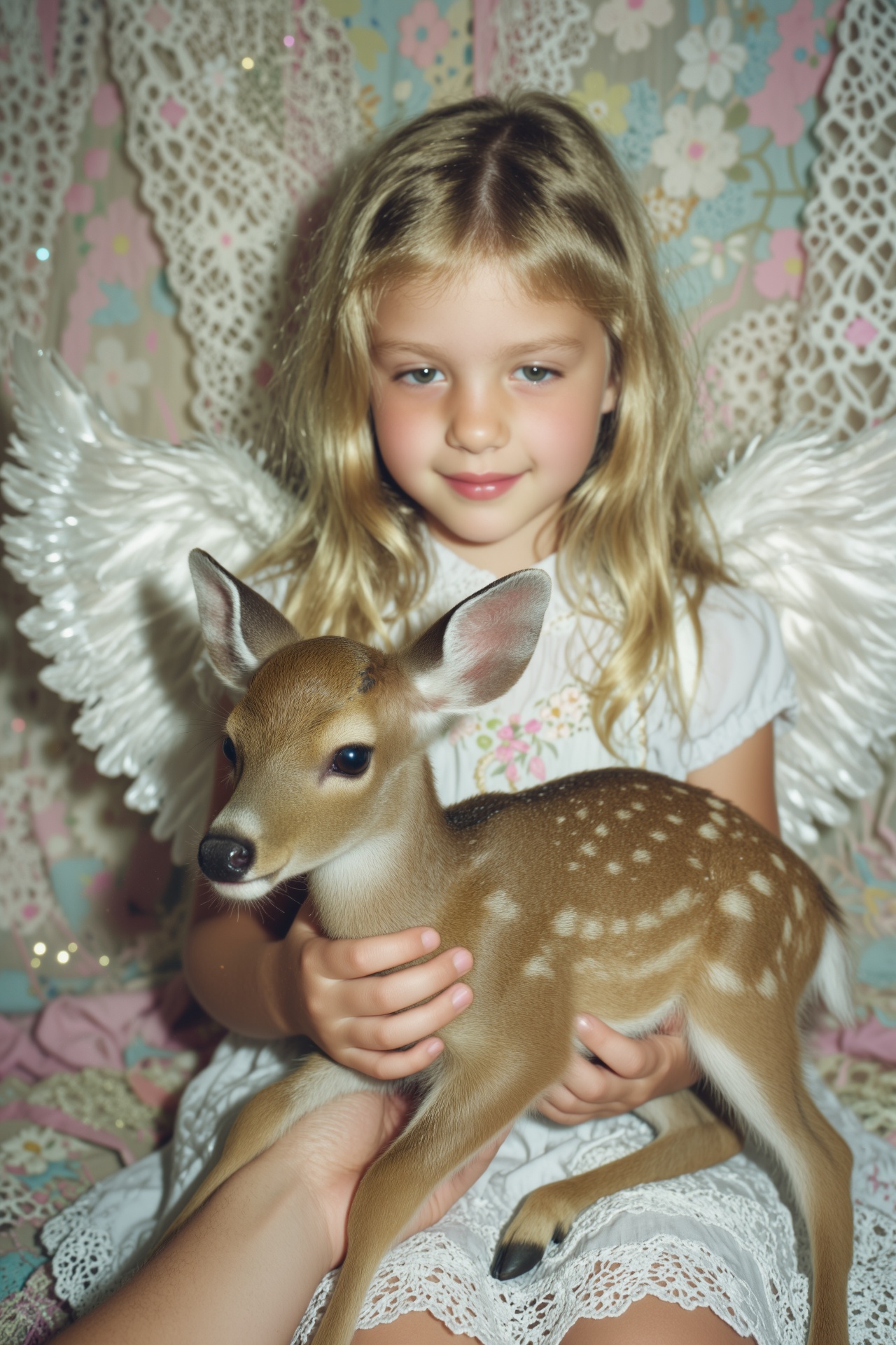 a real baby deer being gently held by human hands,  a young girl with long blonde hair style natural and down,  soft white...
