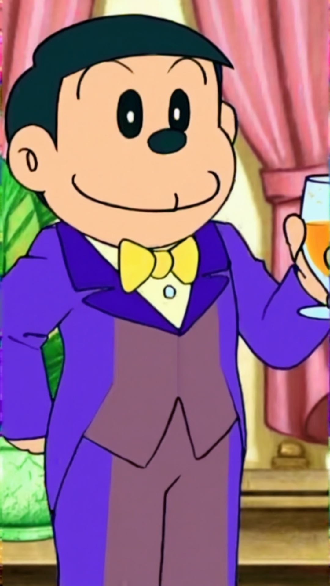 This is Suneo from Doraemon. He is male,  about 10 years old. Wearing a purple formal dress and a yellow bow tie,  he is i...