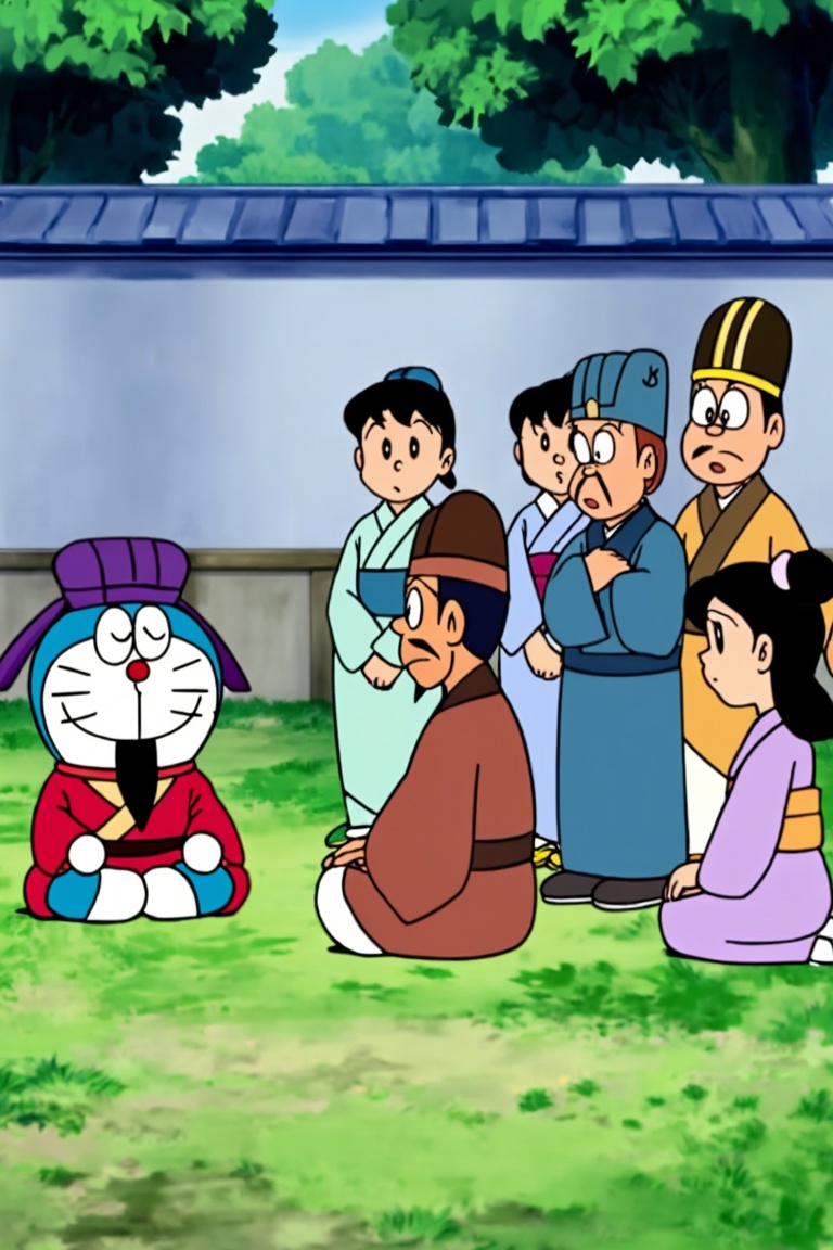 哆啦A梦动画风格,  In the picture,  Doraemon is wearing a red robe by 一起旅行 on Tensor.Art