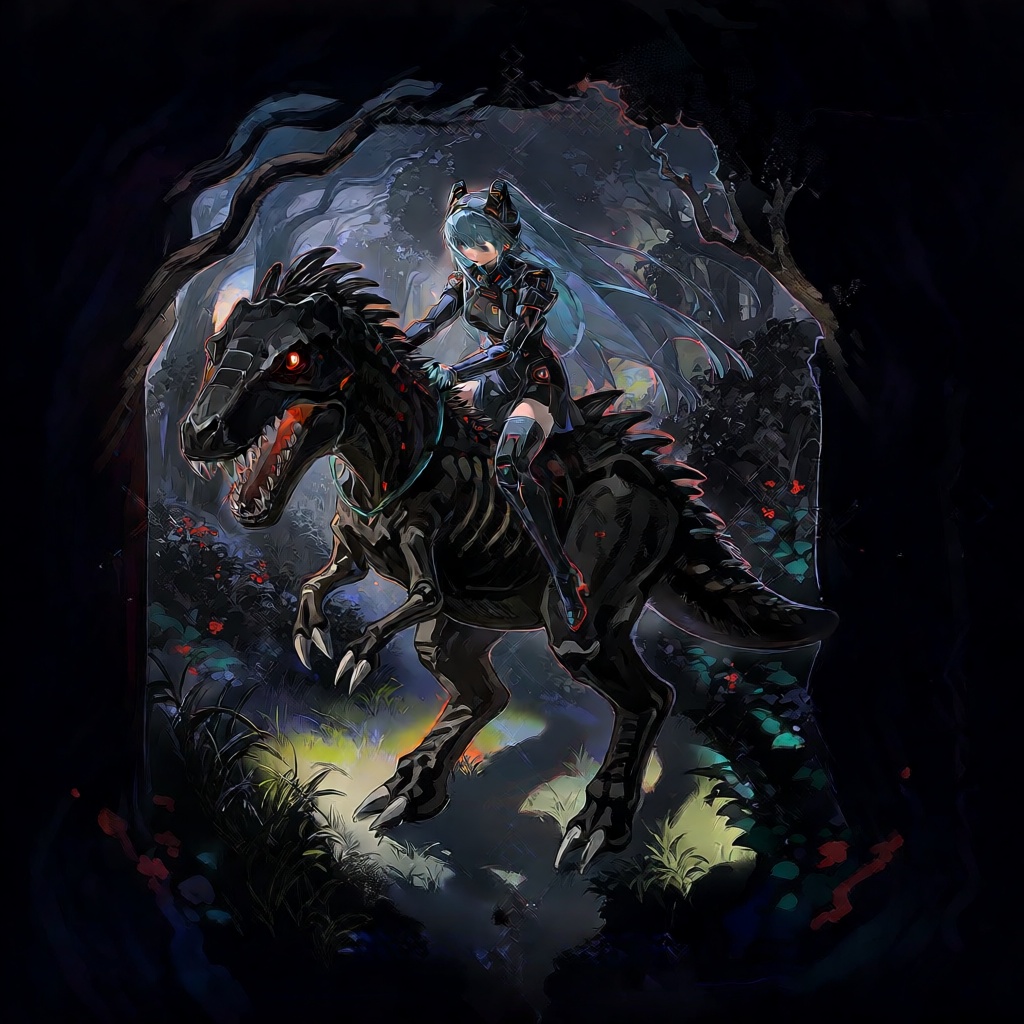 Create a dark fantasy scene where a cyborg girl rides a skeletal T-Rex through the desolate landscape of Aetheria. The env...