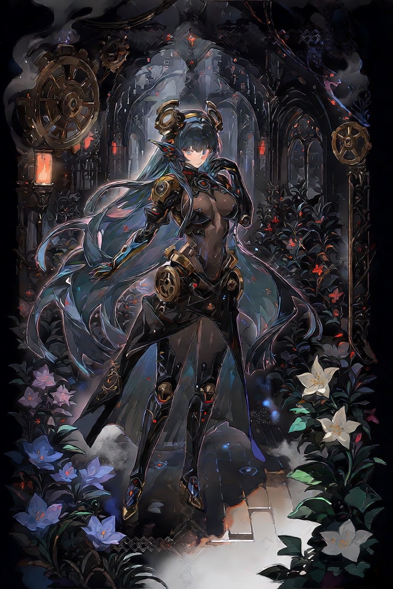 Create a steampunk scene in the dark fantasy world of Aetheria,  where a girl transforms into a cyborg,  blending organic...