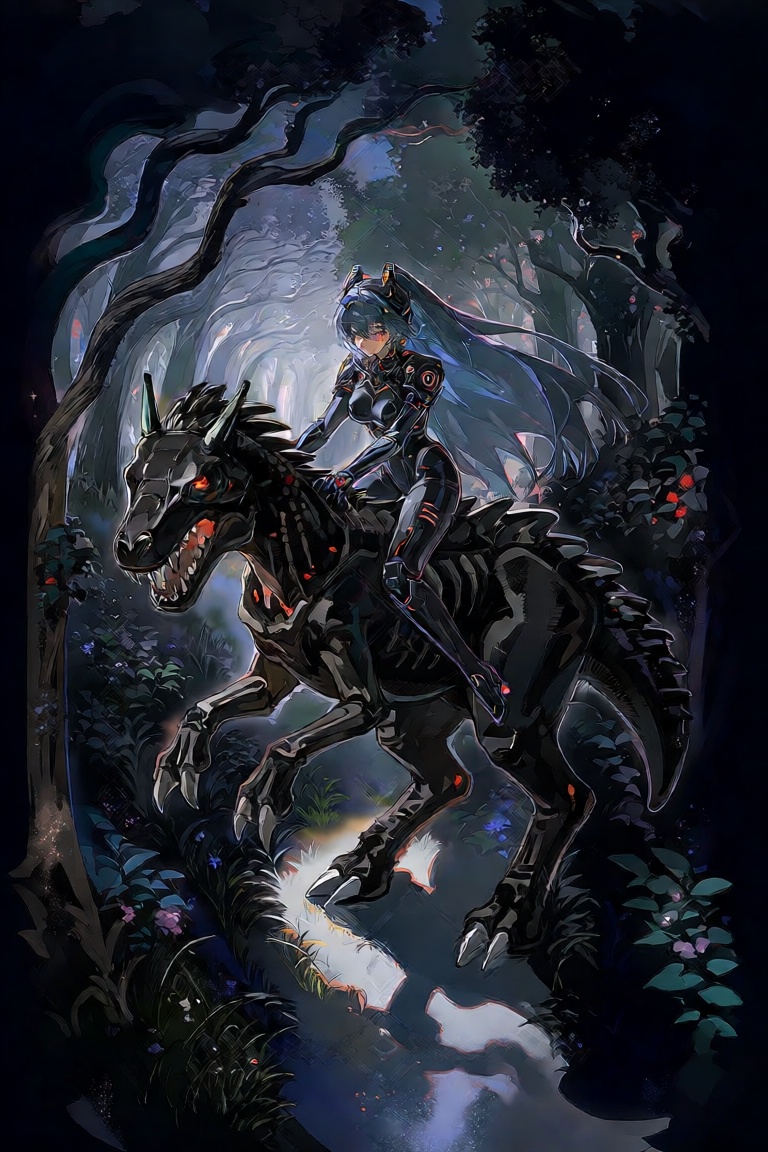 Create a dark fantasy scene where a cyborg girl,  adorned in sleek,  metallic armor on Tensor.Art