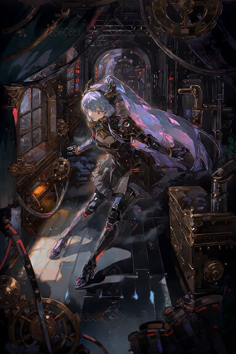 Create a steampunk scene in the dark fantasy world of Aetheria,  where a girl transformed into a cyborg navigates through...