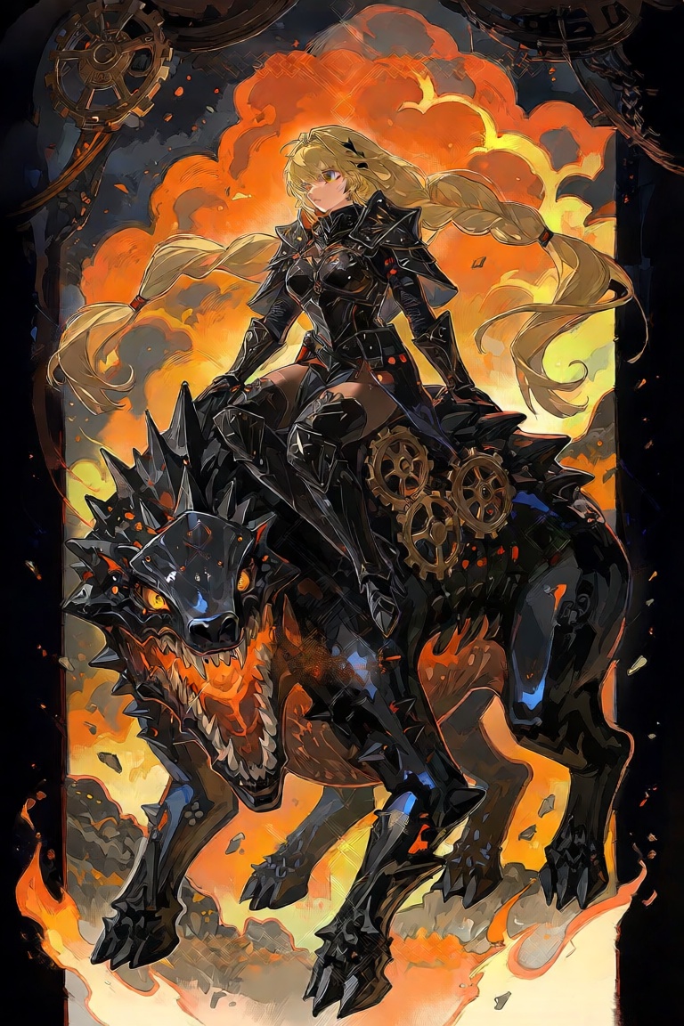 A female warrior with long,  braided hair sits atop a monstrous,  biomechanical beast in this dramatic fantasy illustratio...