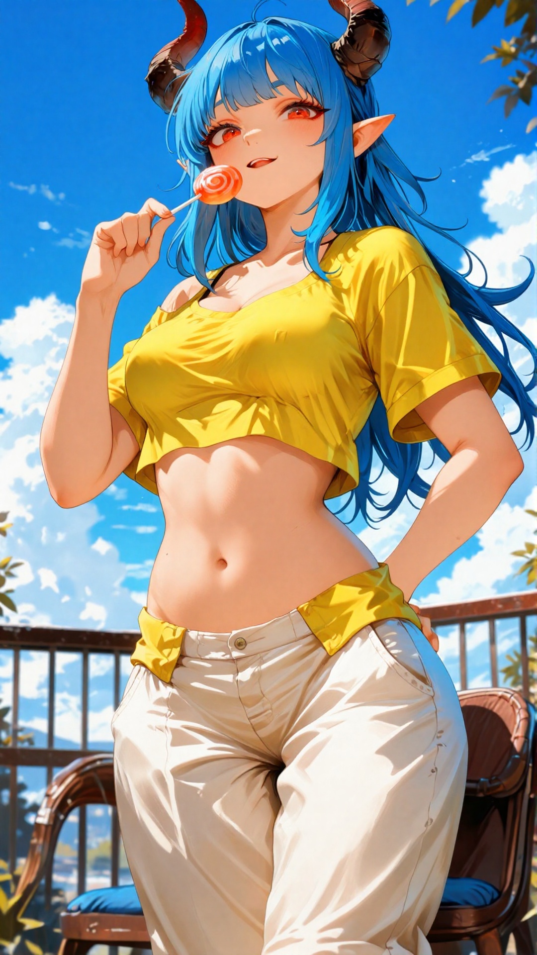 a vibrant and colorful anime-style digital illustration from a side camera angle about a young woman with blue hair and ho...