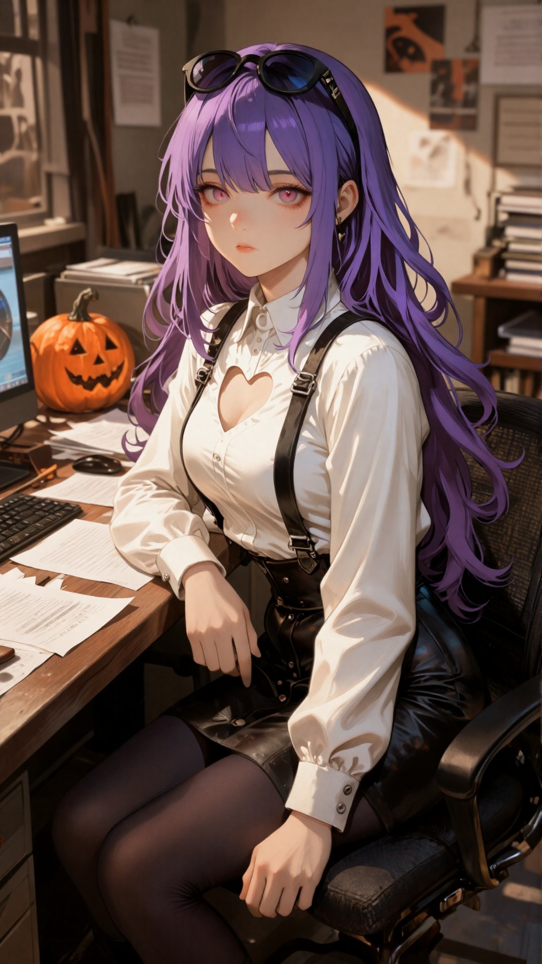 a digital illustration shoot from the side about a young woman with purple hair sitting at a desk in a dimly lit office se...
