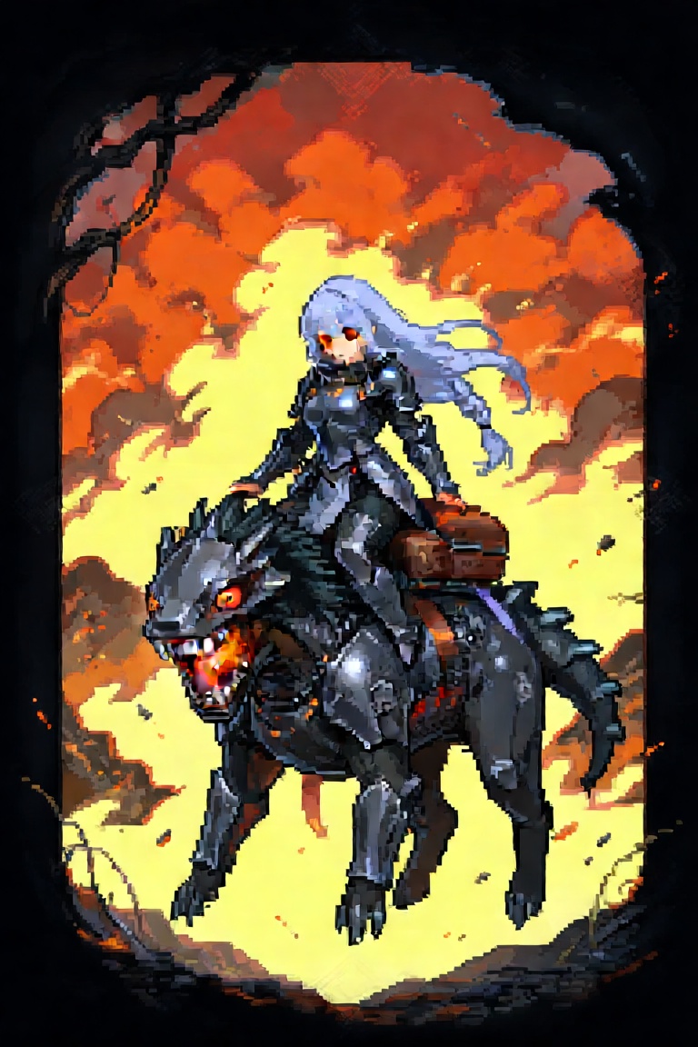 A female warrior with long,  braided hair sits atop a monstrous,  biomechanical beast in this dramatic fantasy illustratio...