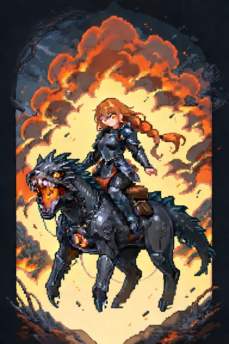 A female warrior with long,  braided hair sits atop a monstrous,  biomechanical beast in this dramatic fantasy illustratio...