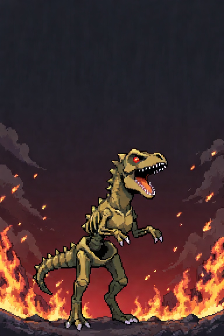 Create a 16-bit pixel art scene featuring Megumin riding a T-Rex skeleton. The environment is filled with flickering fire,...