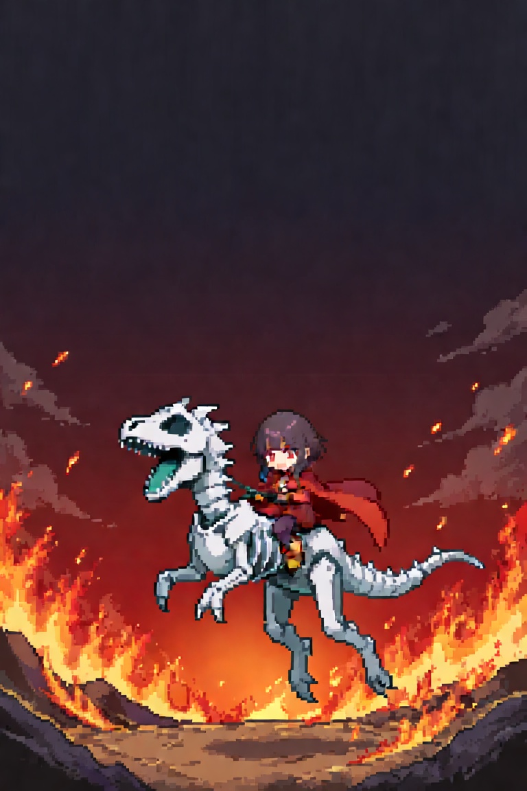 Create a 16-bit pixel art scene where Megumin,  the alchemist from "Honkai Impact 3rd,  " rides a T-rex skeleton. The envi...