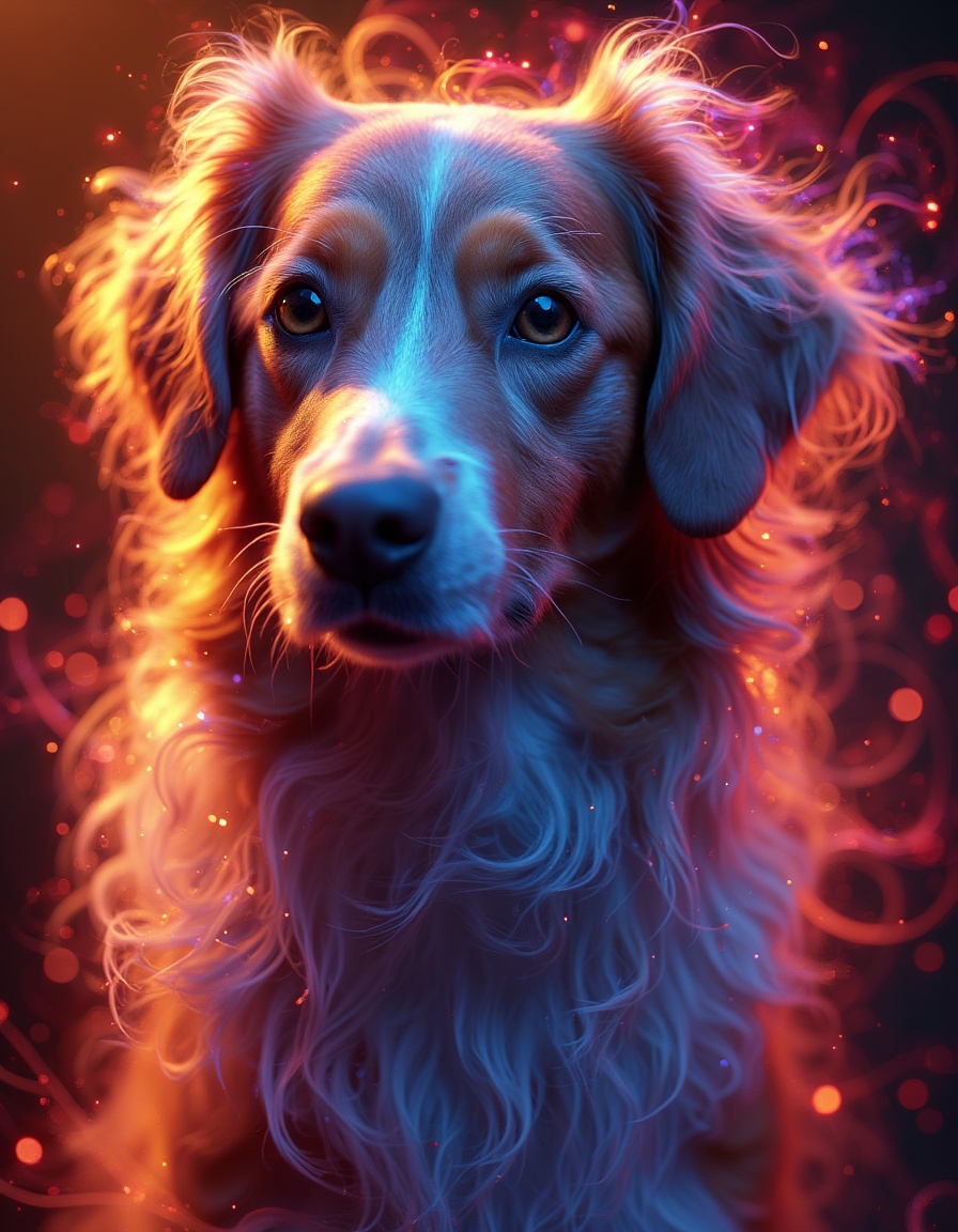 auralora,  the image features a dog with long hair. She has a determined expression on her face and is surrounded by a hal...