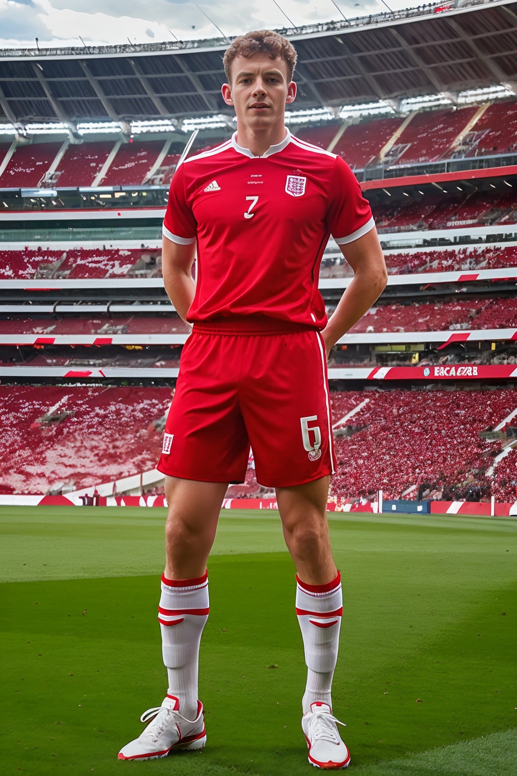 Wembley Stadium,  grass field,  TomSutcliffe wearing the English national soccer team uniform on Tensor.Art