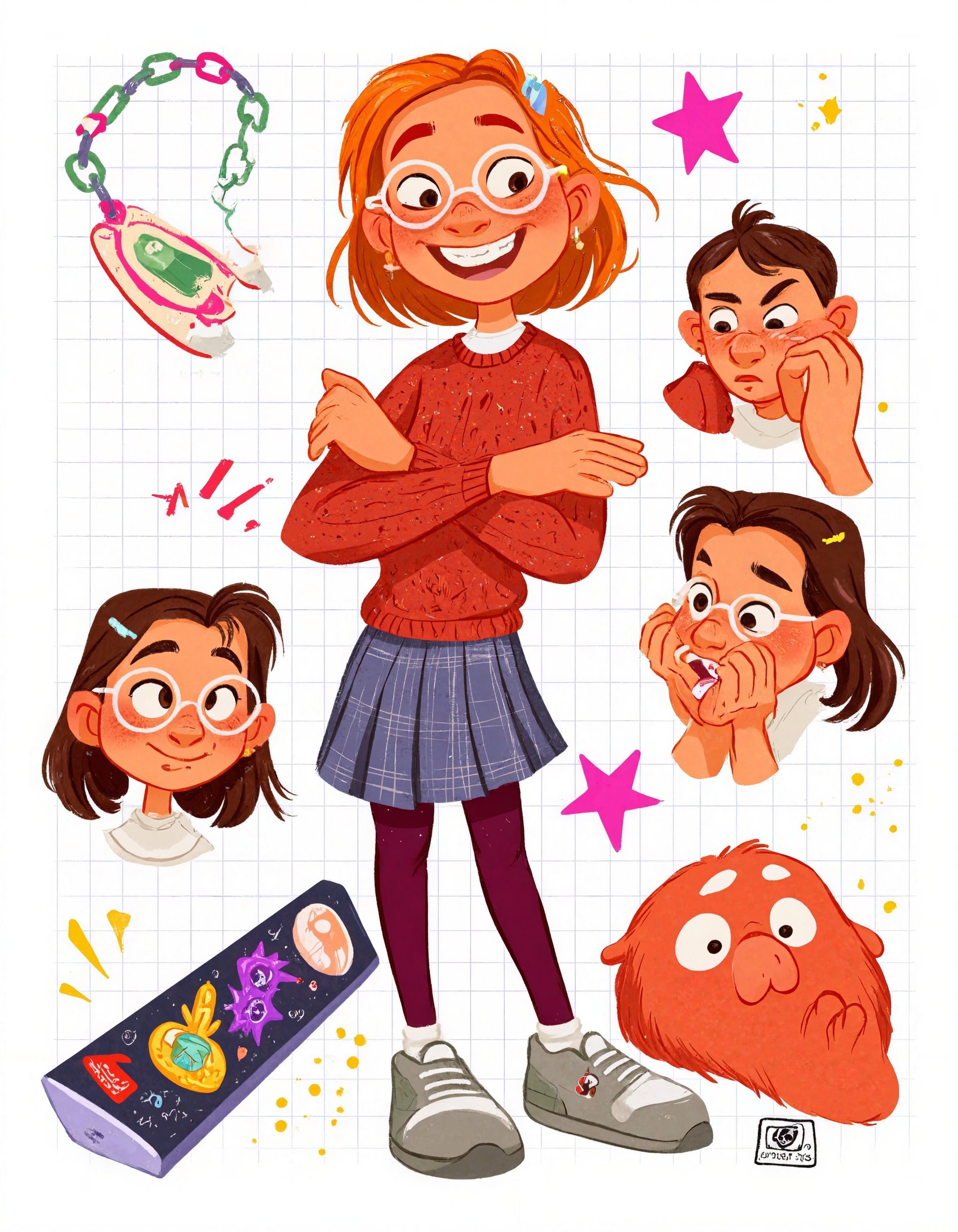 This is a high-quality,  digital illustration featuring a cheerful young girl with red hair,  glasses on Tensor.Art