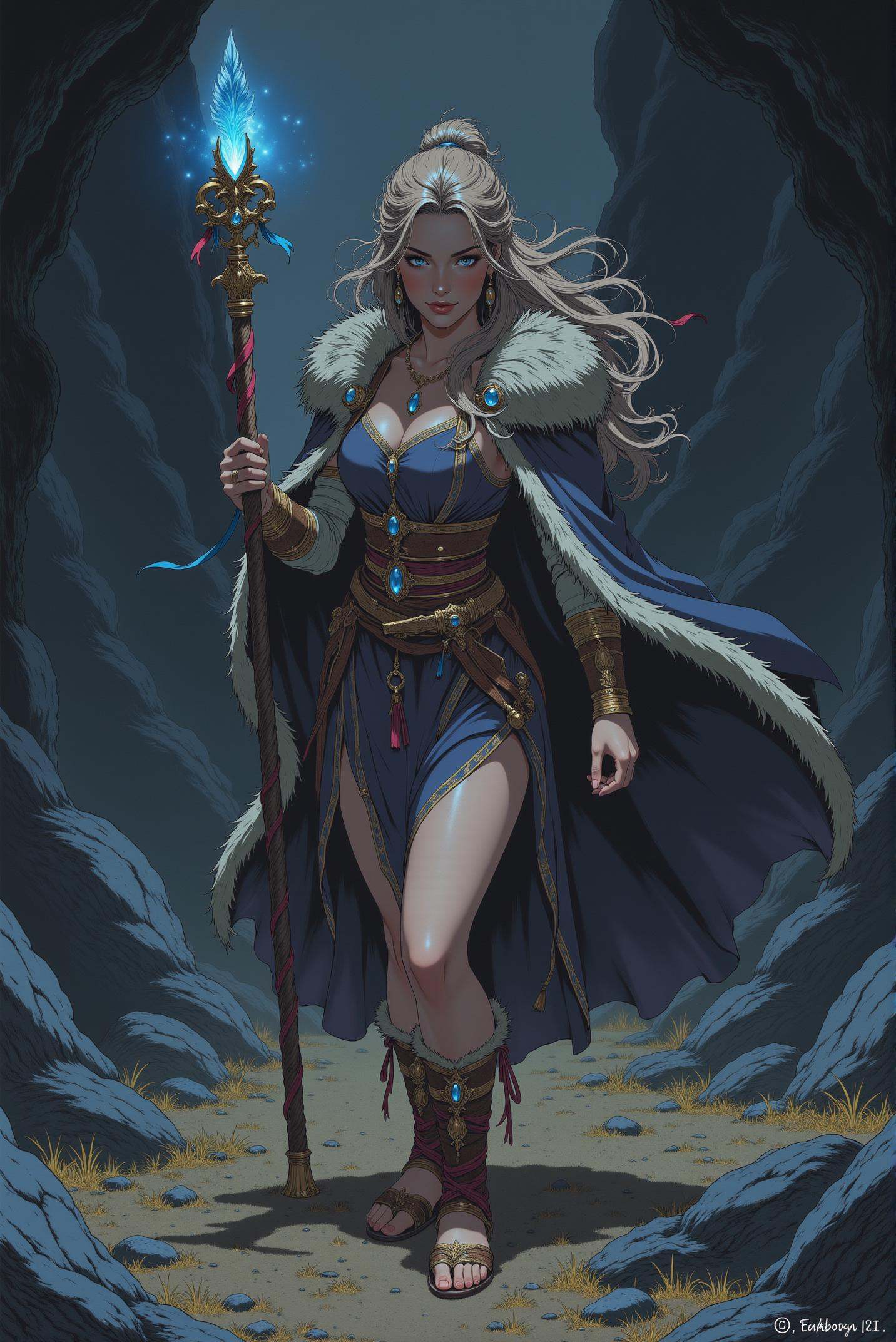 This stunning image features a graceful warrior in a very dark and dim environment. A charming and mysterious sorceress cr...