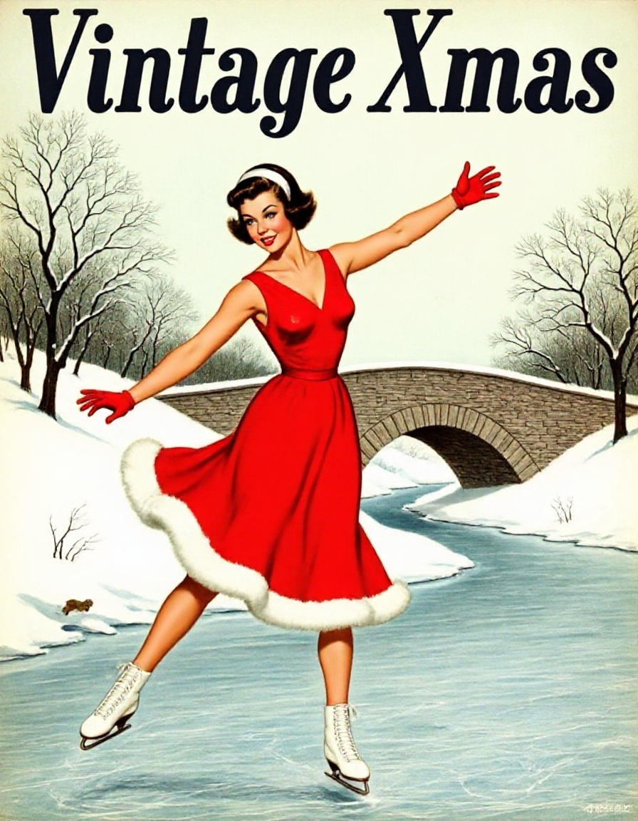 Vintage-Xmas,  poster with bold text "Vintage Xmas" in decorative font featuring a a painting of a woman ice skating on a...