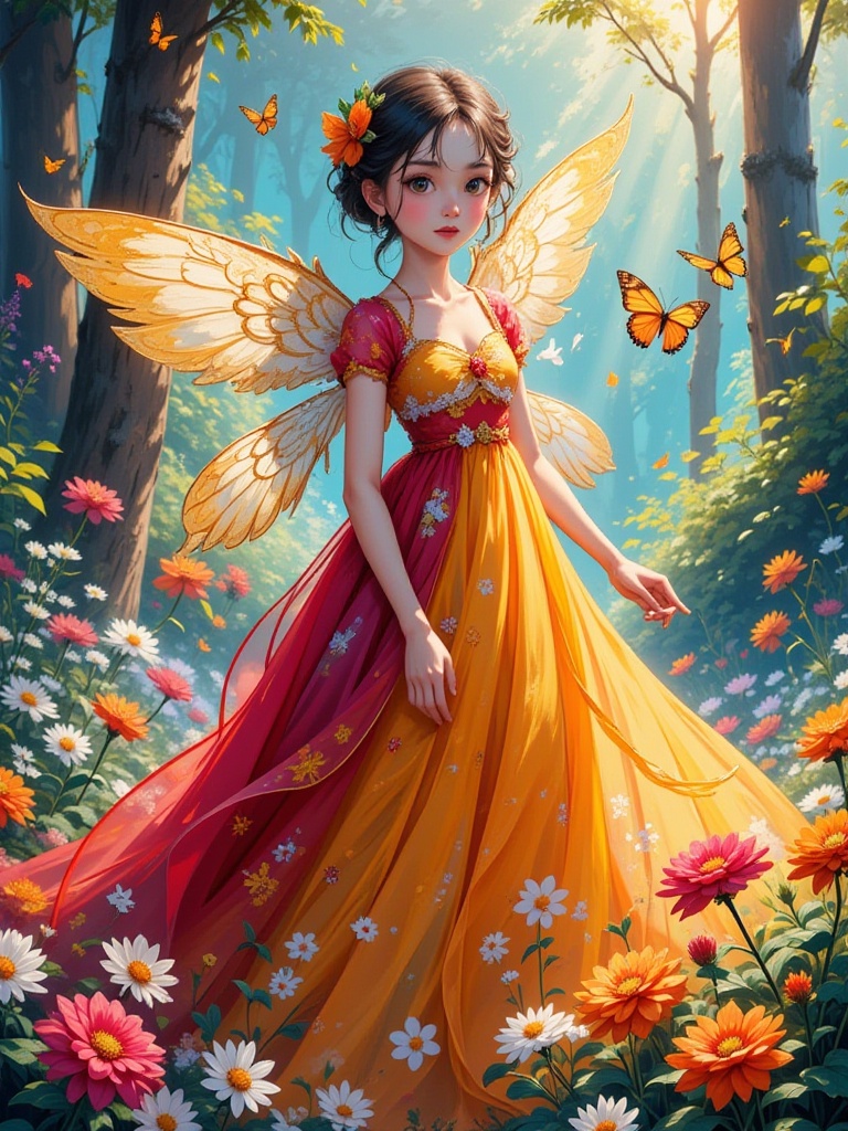 Color curves,  girls with colorful dress,  with magical wings on Tensor.Art