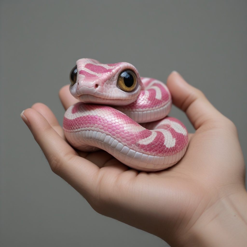 Cute miniature pink baby snake,  curled up in someone's hand,  super realistic. Translucent on Tensor.Art