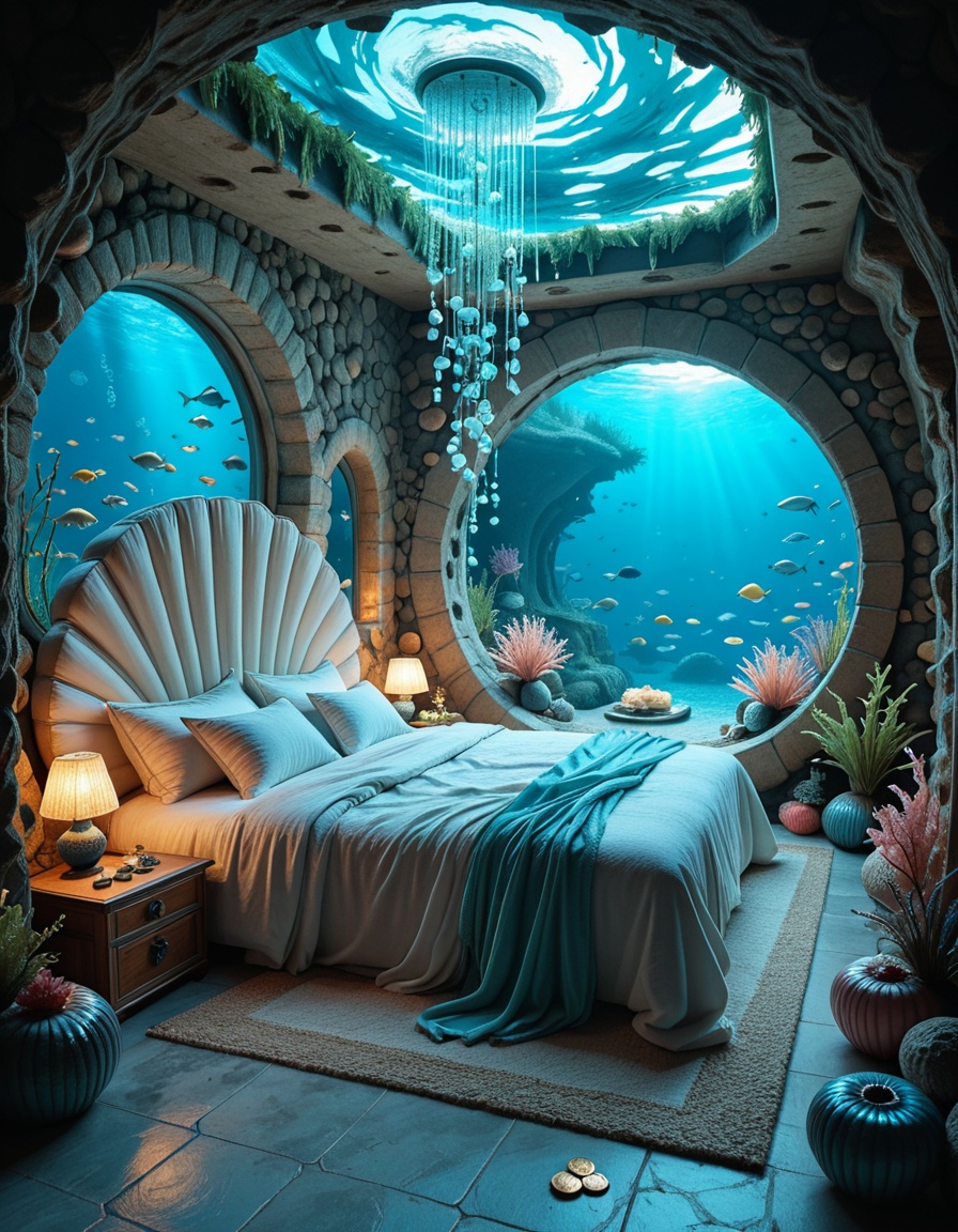 The magical underwater bedroom of the Mermaid,  with coral walls glowing softly in luminous shades of blue and turquoise....