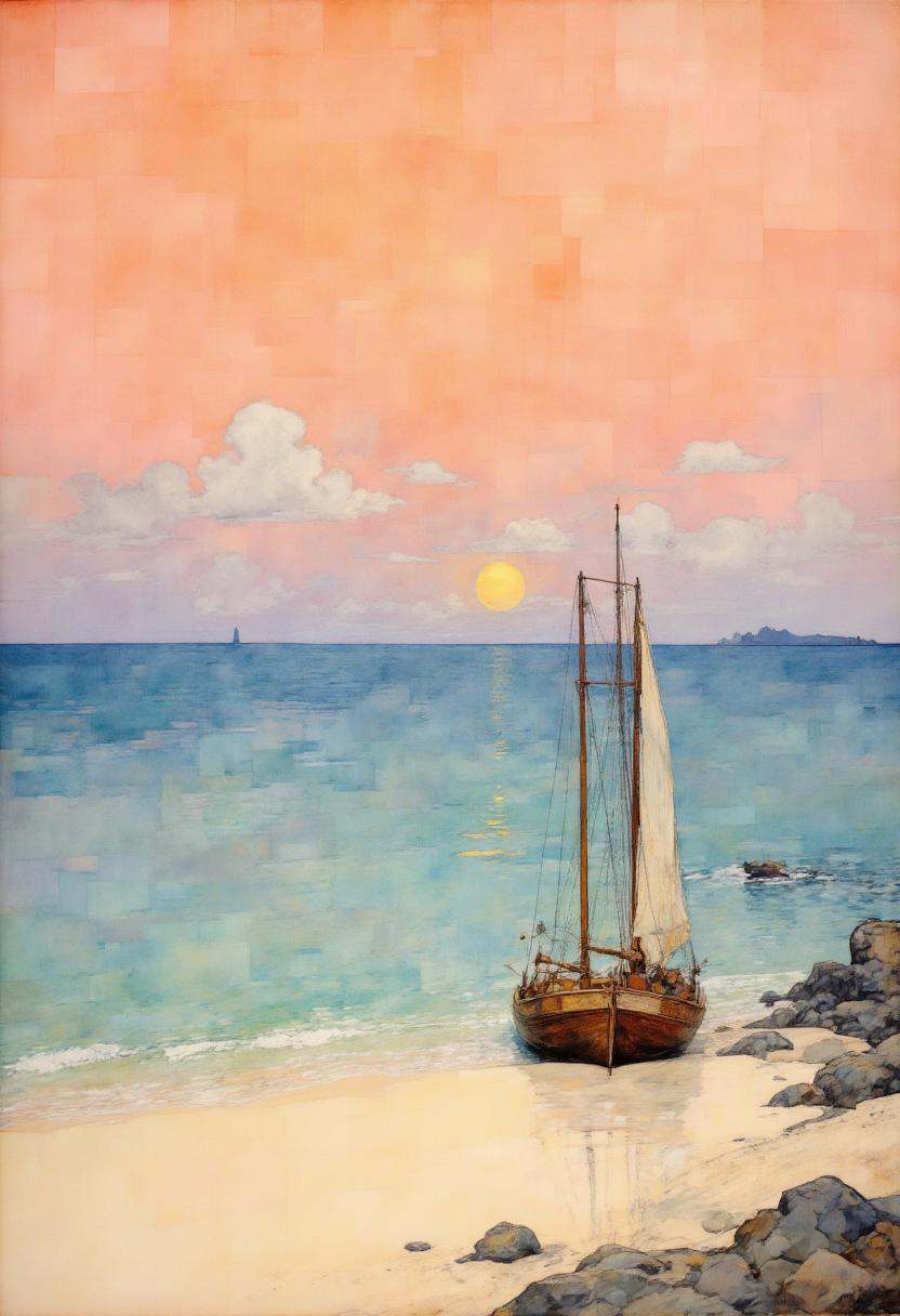 This is a detailed,  impressionistic digital painting depicting serene coastal scene at sunset. The background features a...