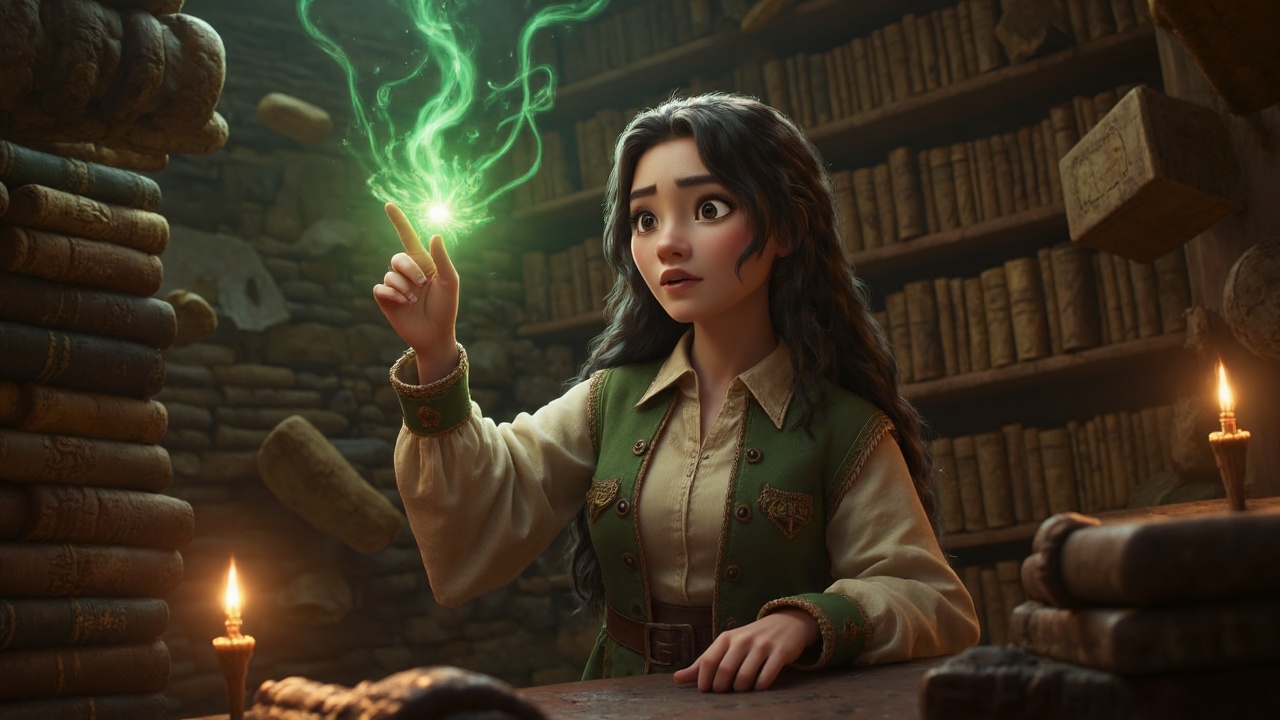 A young mage practices spells in an ancient library,  surrounded by floating books and glowing arcane symbols. Her fingers...