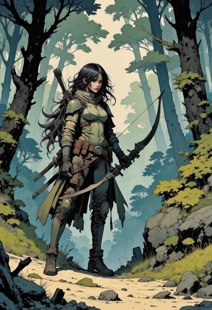 Mangaka style.A futuristic,  armored woman archer set in a forested environment. Dynamic action,  intricate background and...