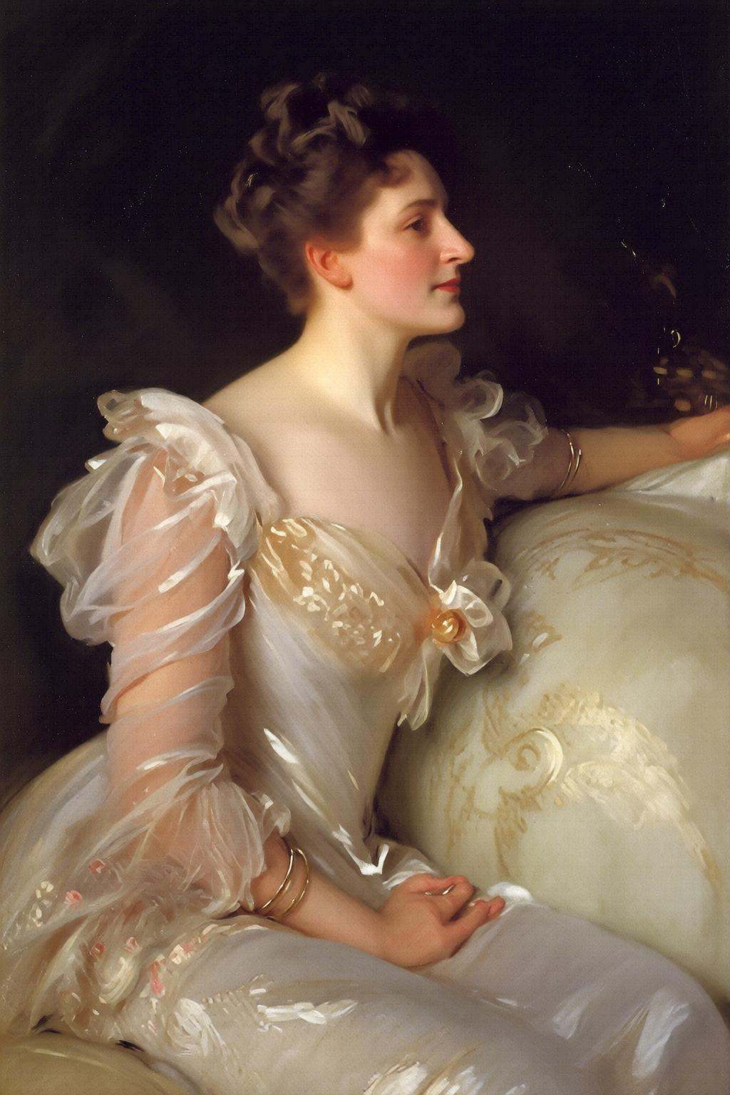 johnsingersargent6q painting.Portrait of a woman in an elegant,  flowing white gown with intricate lace and floral pattern...