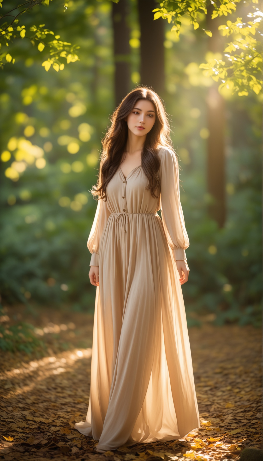 A young woman with long,  wavy brown hair and fair skin stands in a sunlit forest,  wearing a light beige on Tensor.Art