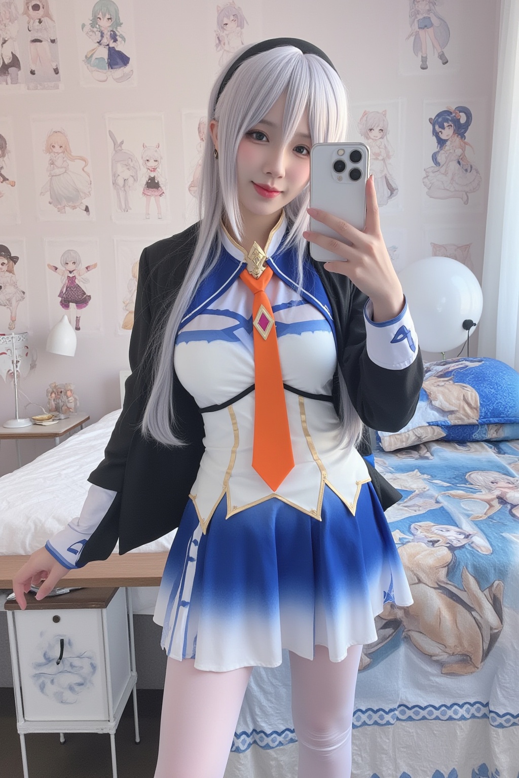 cosplay photography,cosplay photography,This is a clear self-portrait photo with an anime style. The person in the photo is a young woman dressed in an anime character costume consisting of a blue and white top with a fitted black jacket and a white long-sleeved top underneath,with an orange diamond-shaped patterned tie at the collar. Her lower garment is a blue and white pleated skirt paired with white stockings adorned with blue patterns. Her hair is silver-white,falling over her shoulders,and she is wearing a black hairband. She is taking a selfie with her phone,and the background features a room with a bed,curtains,and walls covered with anime characters.,
