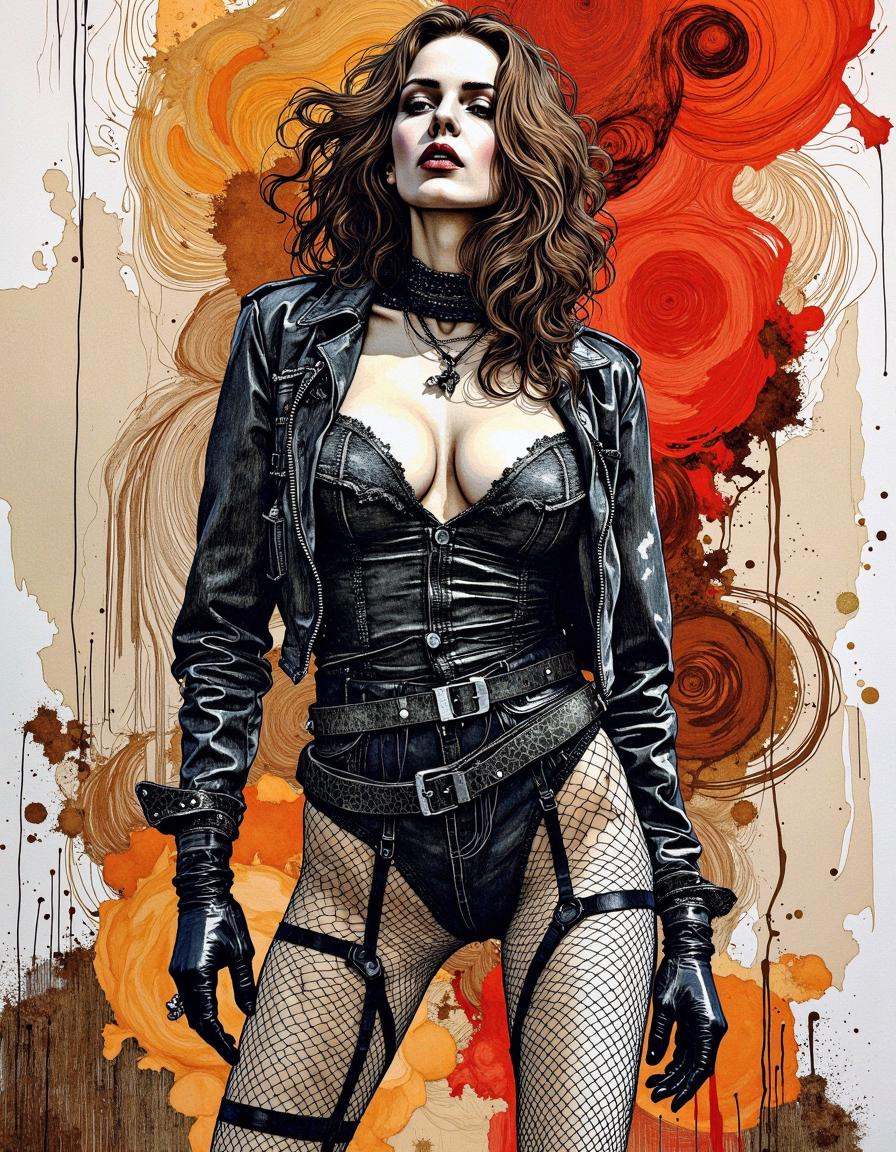 This is a digital artwork created in a mixed media style,  blending elements of watercolor and ink.The Strappy Dominatrix:...