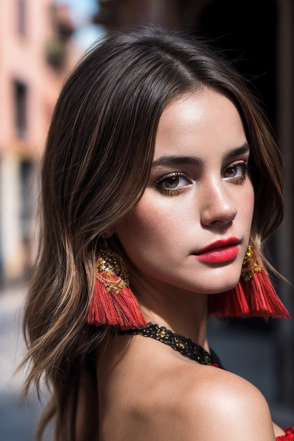 MakenzieR_SoloTI,  (In a traditional Flamenco dress of deep red and black,  adorned with ruffled layers and intricate lace...