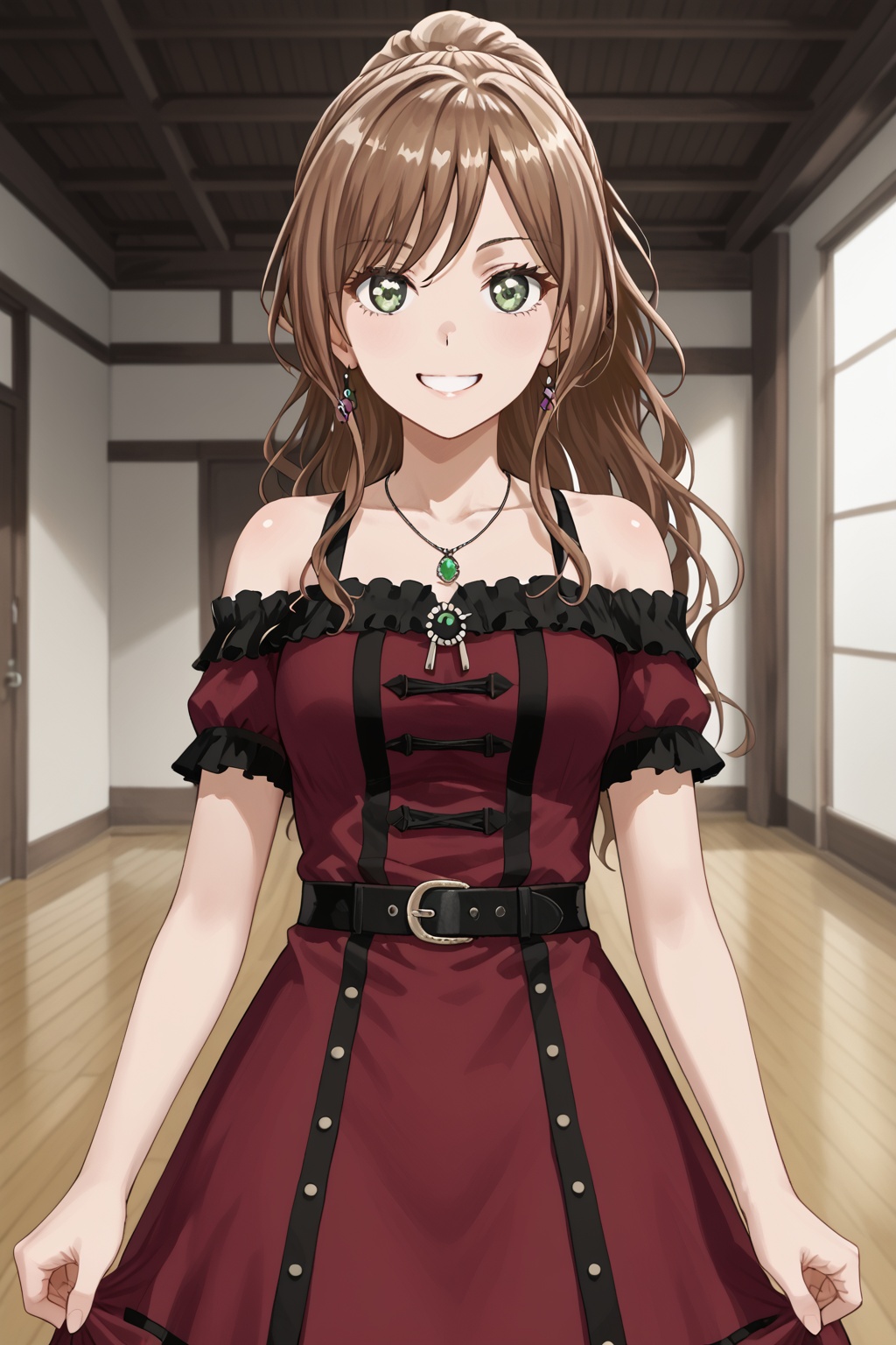 imai lisa, long hair,smile,bangs,brown hair,green eyes,ponytail,grey eyes<lora:lisanie:0.8>