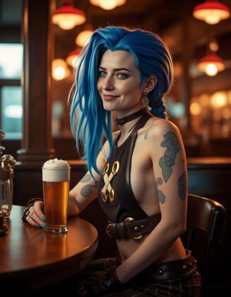 jinx,  a woman with blue hair is having a beer in a pub on Tensor.Art