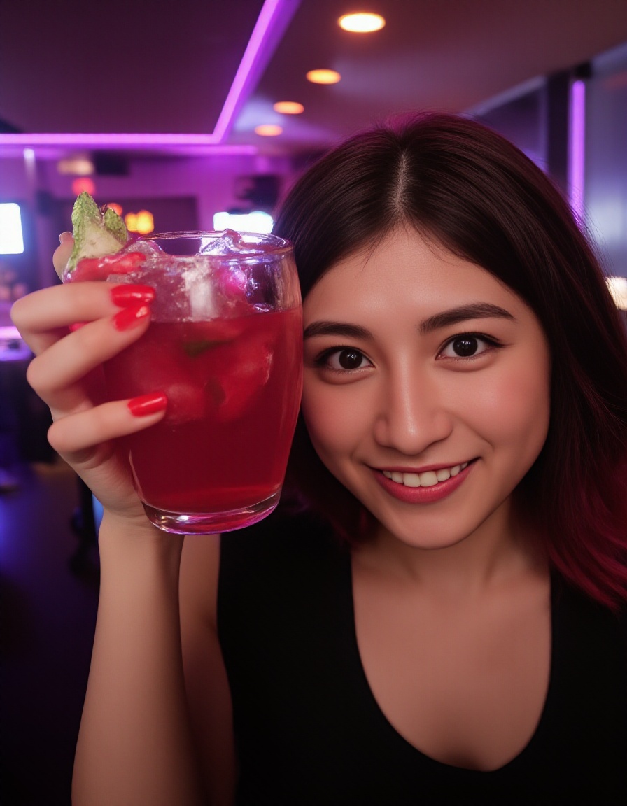 Photorealistic image of a woman,  "A woman with a mischievous smile raises her glass in a toast,  her eyes sparkling with...