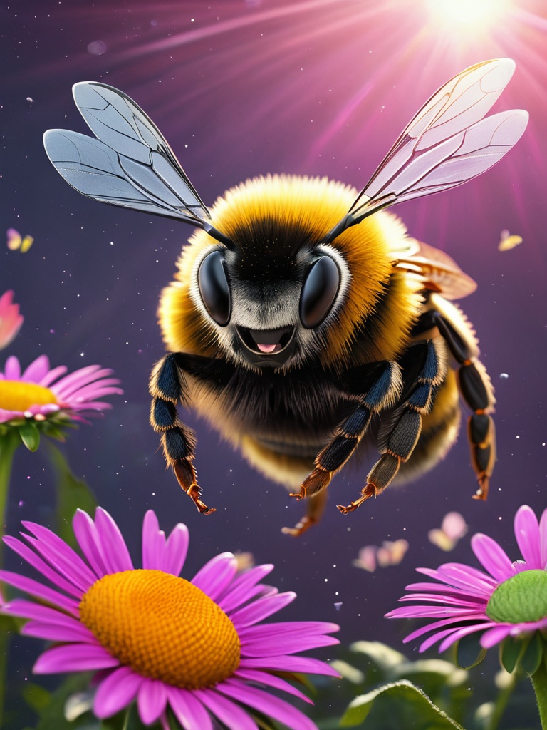 A high resolution photo of a realistic (38. A bumblebee buzzing around flowers with big googly eyes and an exaggerated joy...
