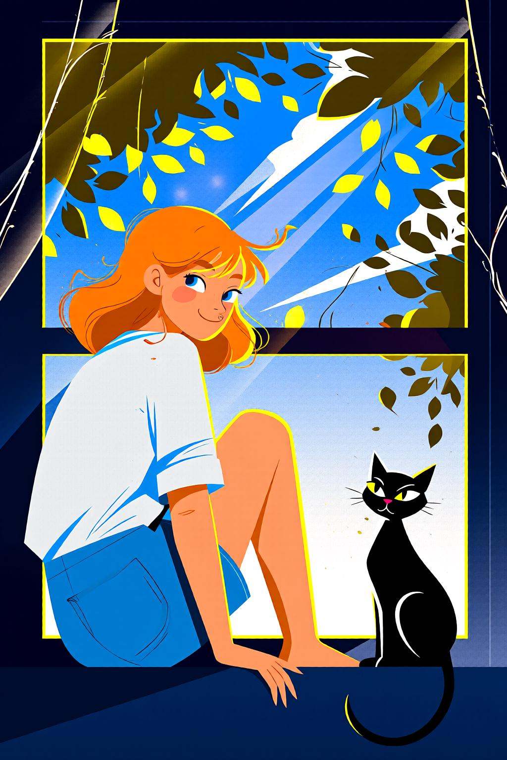 flatcolorvectorart2q illustration. a young woman,  shown in side profile,  sitting by a window. She is looking over her sh...