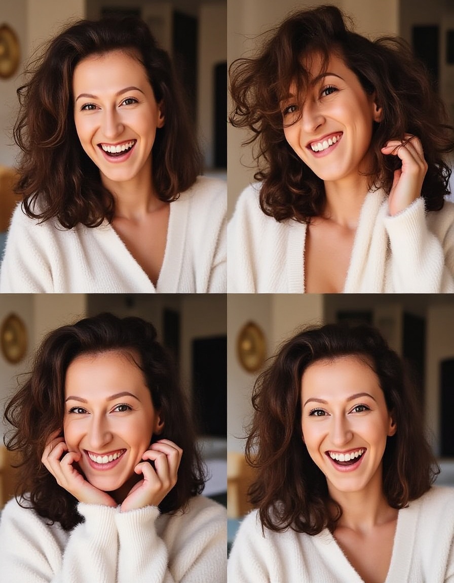 A vibrant,  joyful portrait consisting of four images arranged in a grid format,  showcasing a young woman with voluminous...