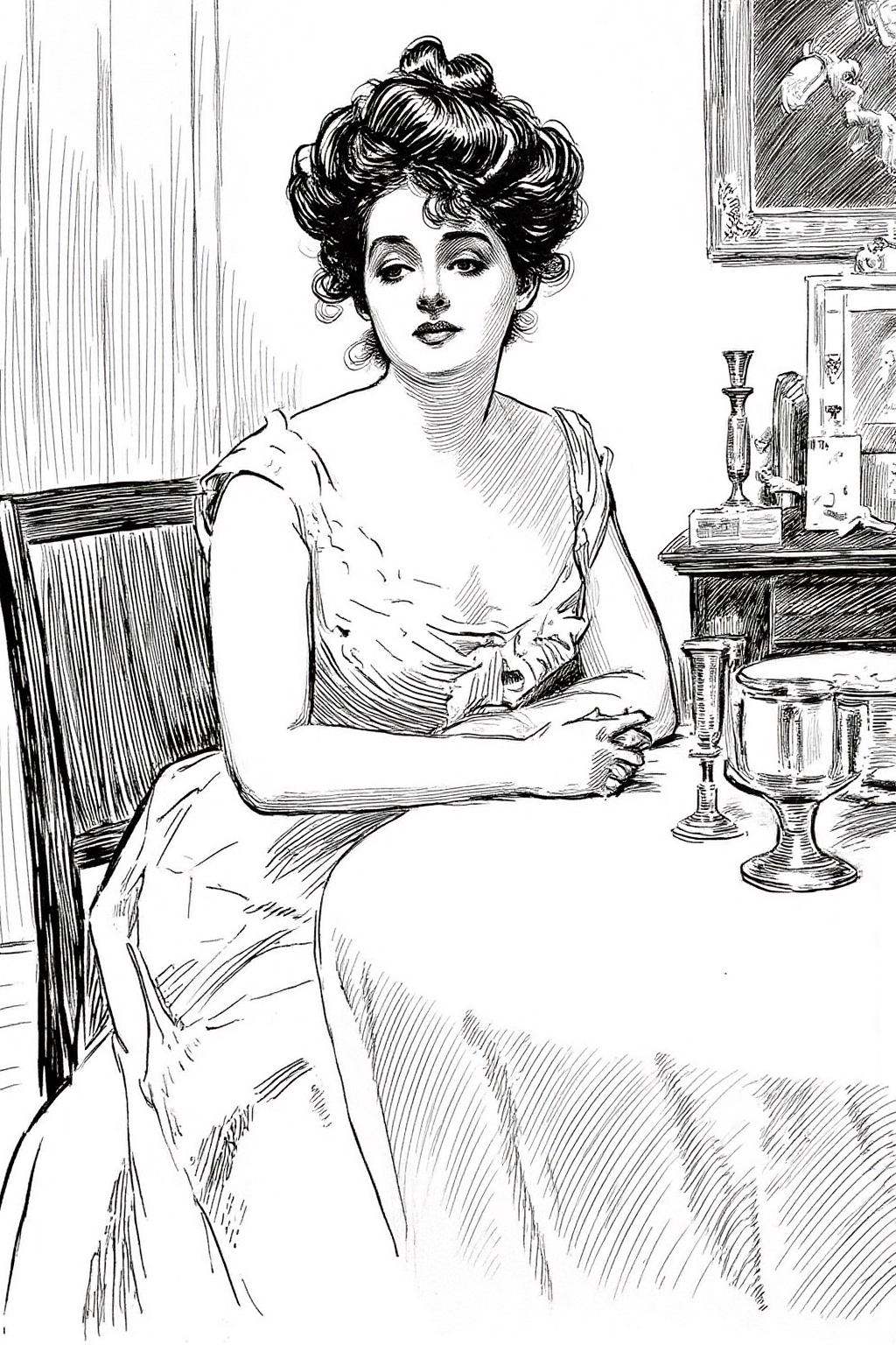 charlesdgibson1 illustration.A woman sitting at a table in a dining room. The woman has dark,  curly hair styled in an upd...