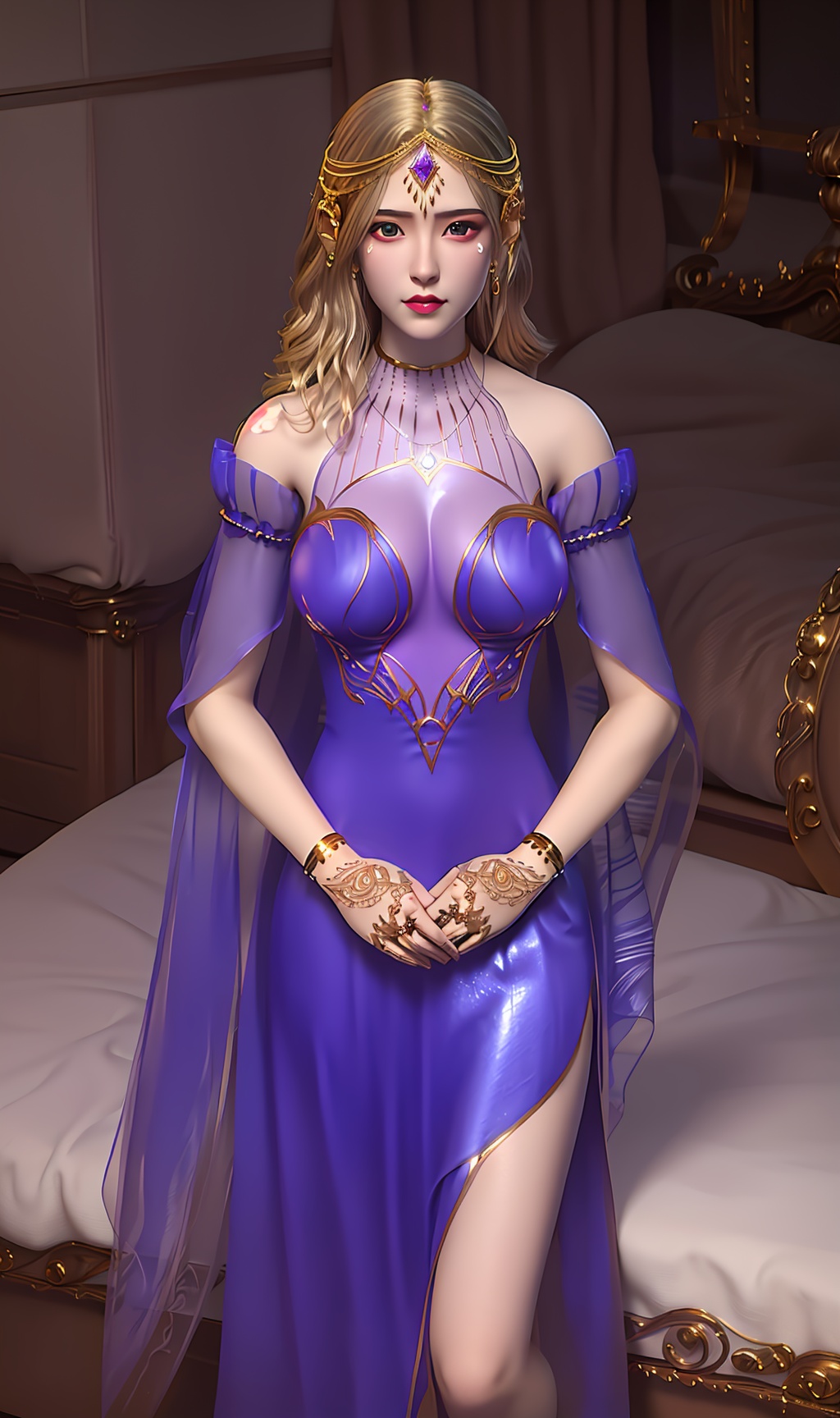 3D,masterpiece,(best quality),(makeup),official art, extremely detailed cg 8k wallpaper,((crystalstexture skin)), (extremely delicate and beautiful),(highly detailed),(face),(tiara),(gold_trim),(bracelet),(1girl), (solo), (jewelry), (earrings),(blonde_hair),(long_hair),(hair_ornament),(handwear),(breasts),((upper_body)),(closed_mouth),(long_dress),(shiny_clothes),(city,outdoor,bed),standing,(thighs),,((looking_at_viewer)),((Facing the camera)),, <lora:hipoly3DModelLora_v10:0.3>