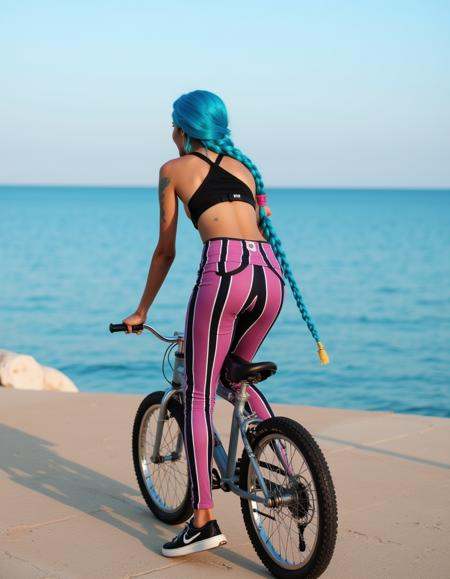 jinx,  a woman with long blue braided hair and a black top and striped pants is riding a bmx in front of the ocean on Tens...