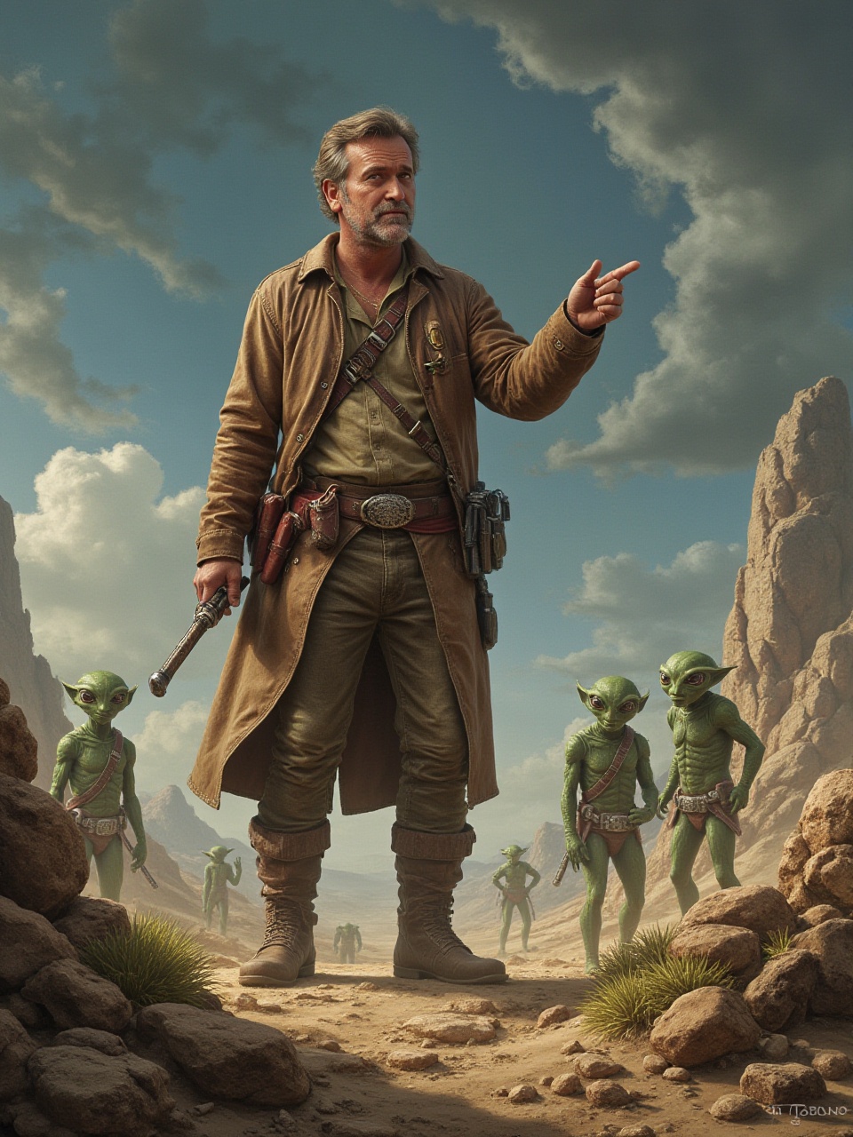 8ruc3c4mp83ll A man in an alien landscape,  looking baffled as he attempts to communicate with tiny green aliens using han...