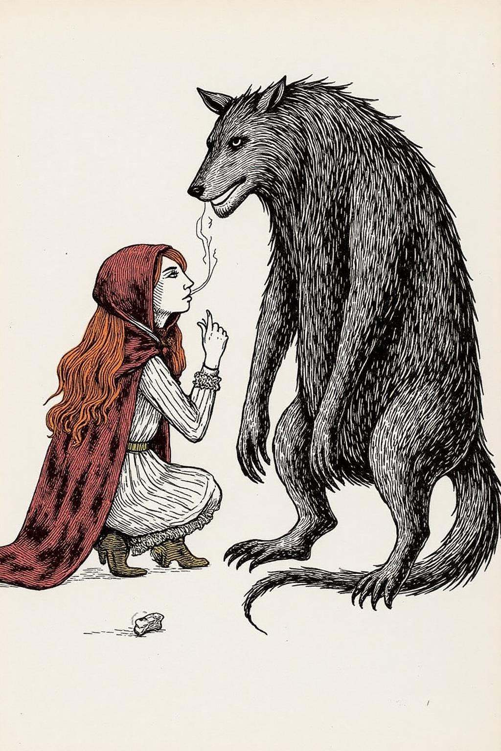 edwardgorey1 illustration.A woman with red wavy hair,  dressed as Little Red Ridding Hood squatting beside the Big Bad Wol...