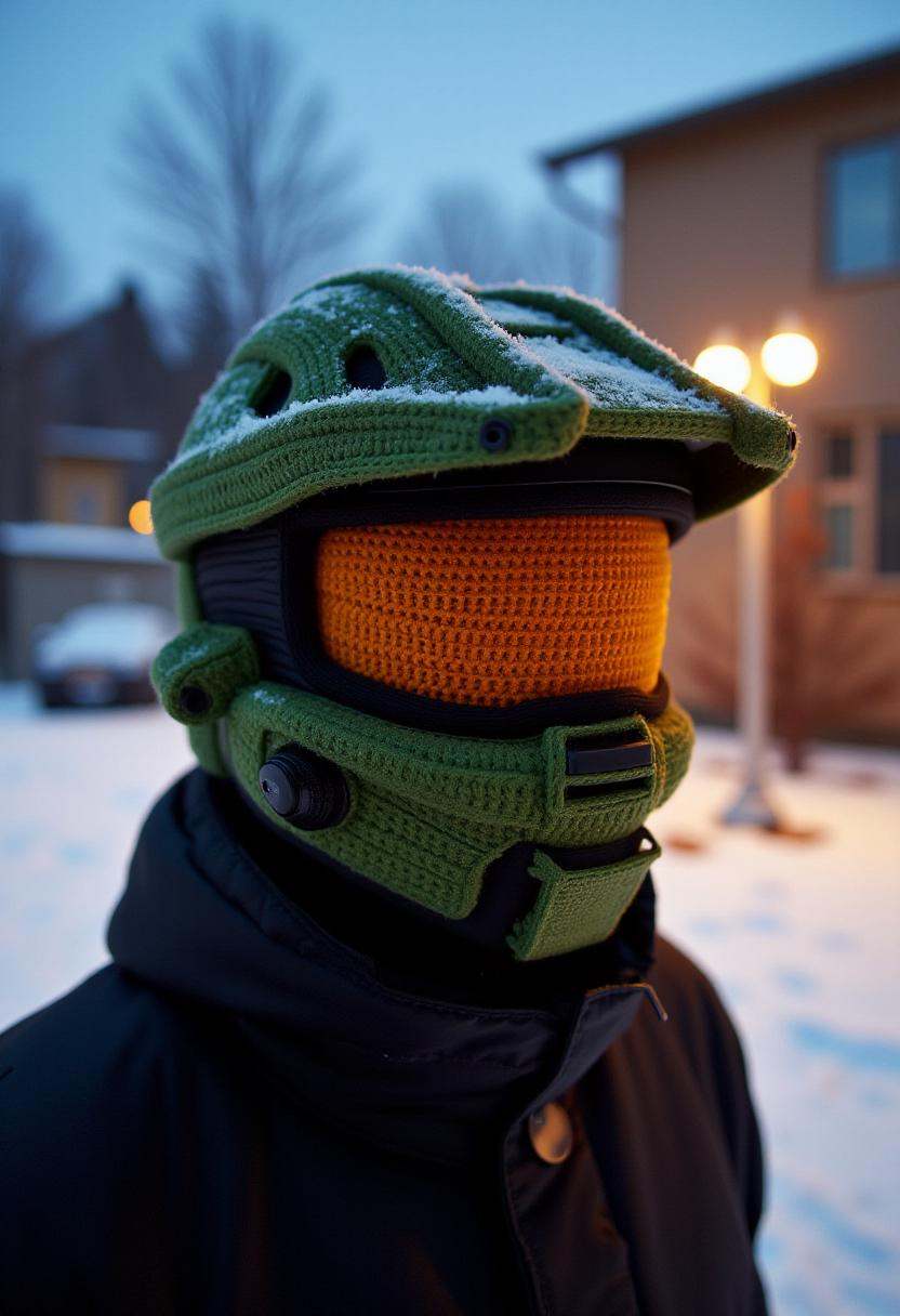 The image is a photograph featuring a person wearing a creative,  crocheted mask that resembles Master Chief's helmet and...