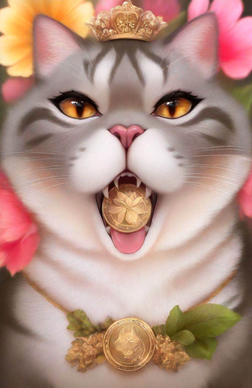 award winning,  Angry Japanese Bobtail Cat,  flowers in background on Tensor.Art