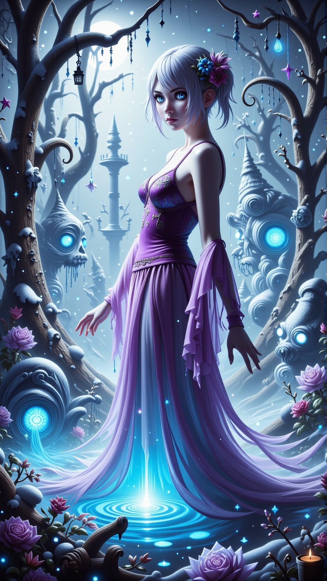 HalloweenGlowStyle Purple Velvet Chemise with Ruffles themed ethereal ice sculptures,  glowing blue and white,  delicate a...