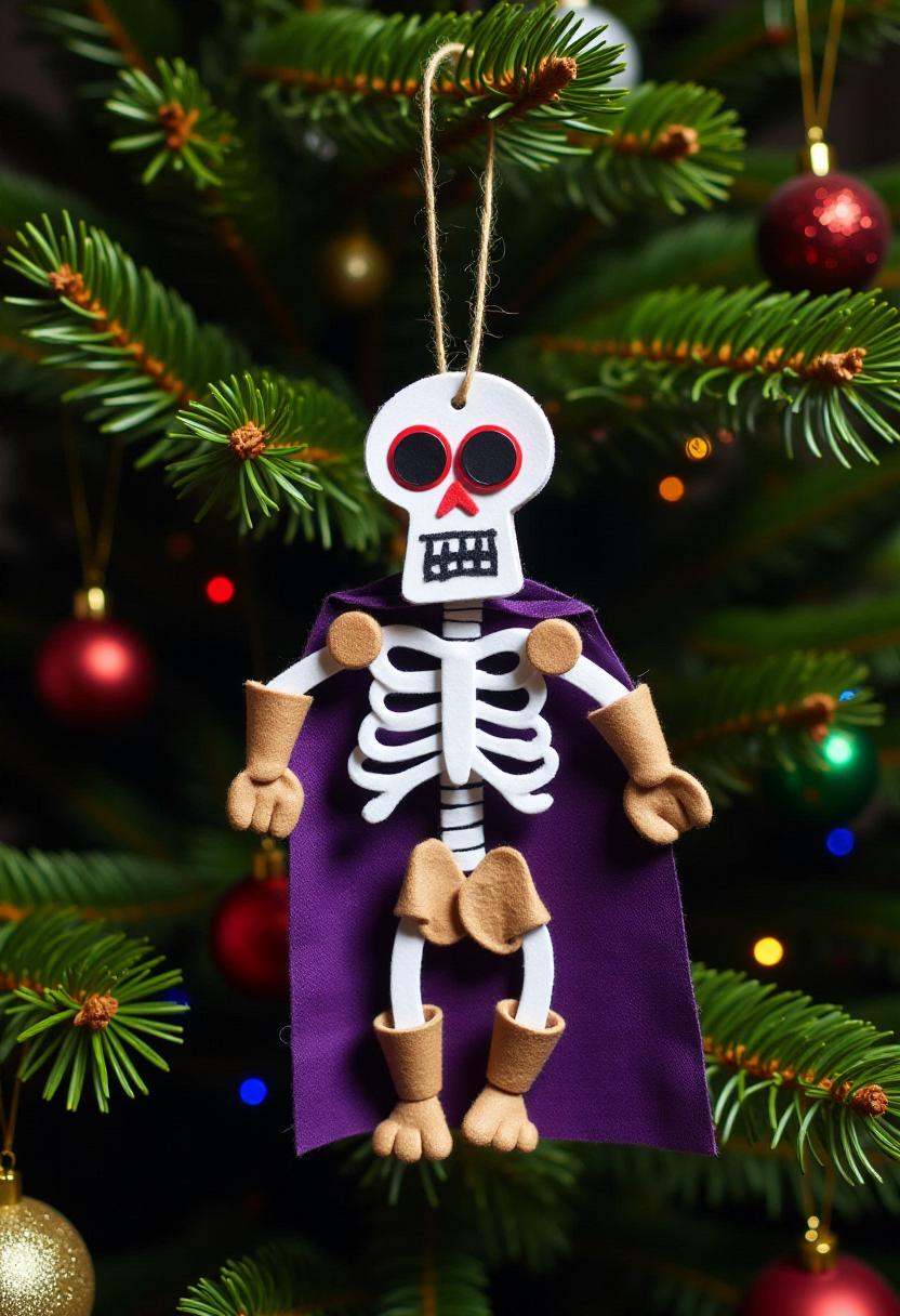 Photograph of a festive,  whimsical,  handmade Christmas decoration in the form of Skeletor on Tensor.Art
