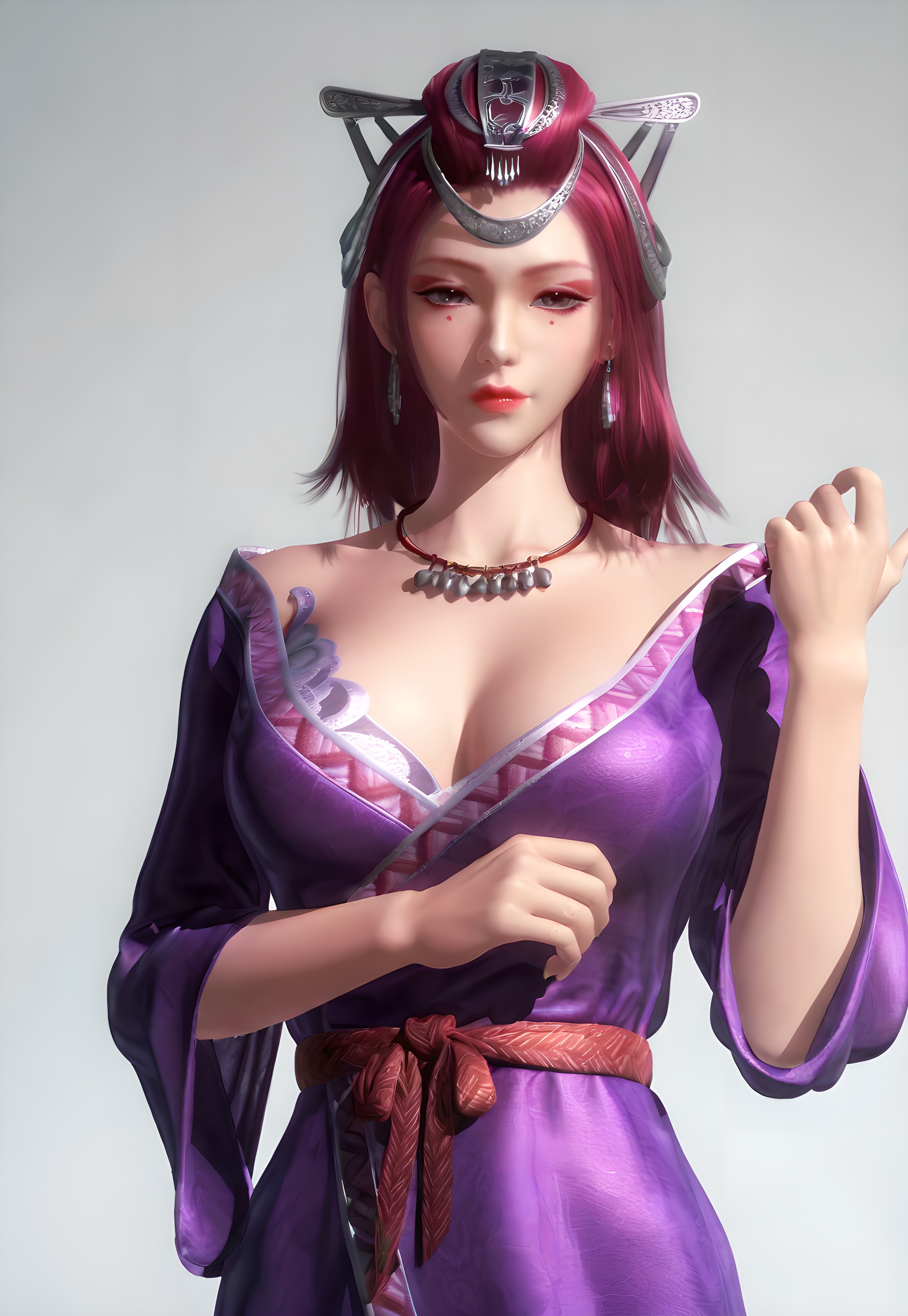 score_9,score_8_up,score_7_up,<lora:SF_TianMi_Pony-000004:0.7>,1girl,solo,standing,purple dress,  breasts,large breasts,red lips,jewelry,hair ornament,earring,looking at viewer,white background,