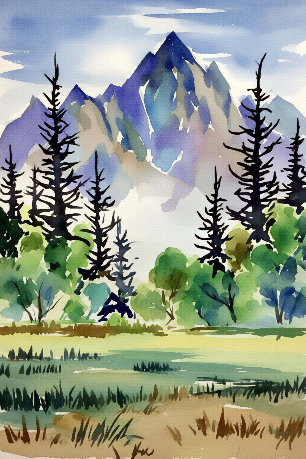 watercolorbasic2q watercolor painting.A mountain range with cool tones transitioning from deep purples and blues at the ba...