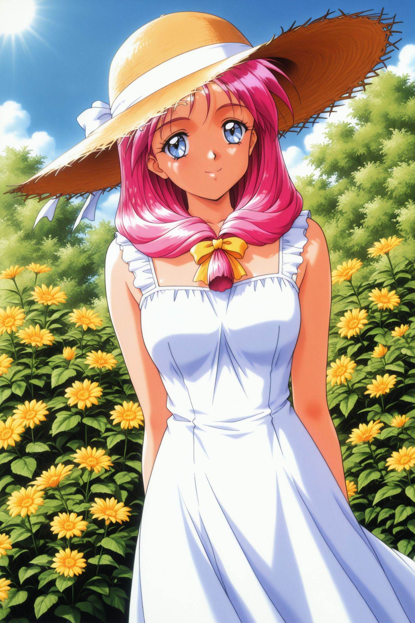 Original Style,Shirayuki Miho,1girl,solo,hat,blue eyes,pink hair,dress,flower,straw hat,outdoors,long hair,ribbon,sun hat,sundress,hair over shoulder,white dress,sleeveless,day,bush,1990s \(style\),retro artstyle,smile,<lora:Tokimeki Memorial 2_illustriousXL_v2:1>,