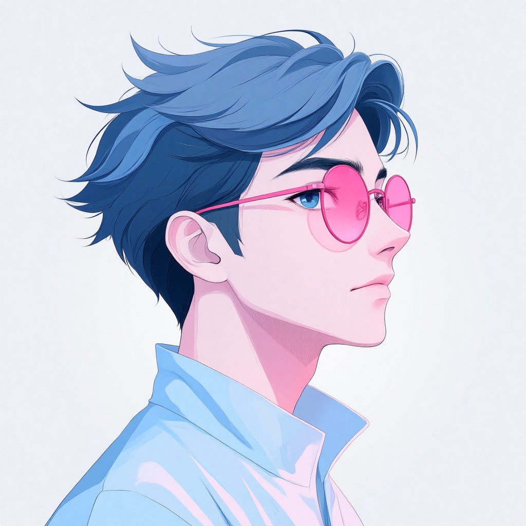 This image is a digital illustration of a young man in profile. He has short,  tousled blue hair and is wearing futuristic...